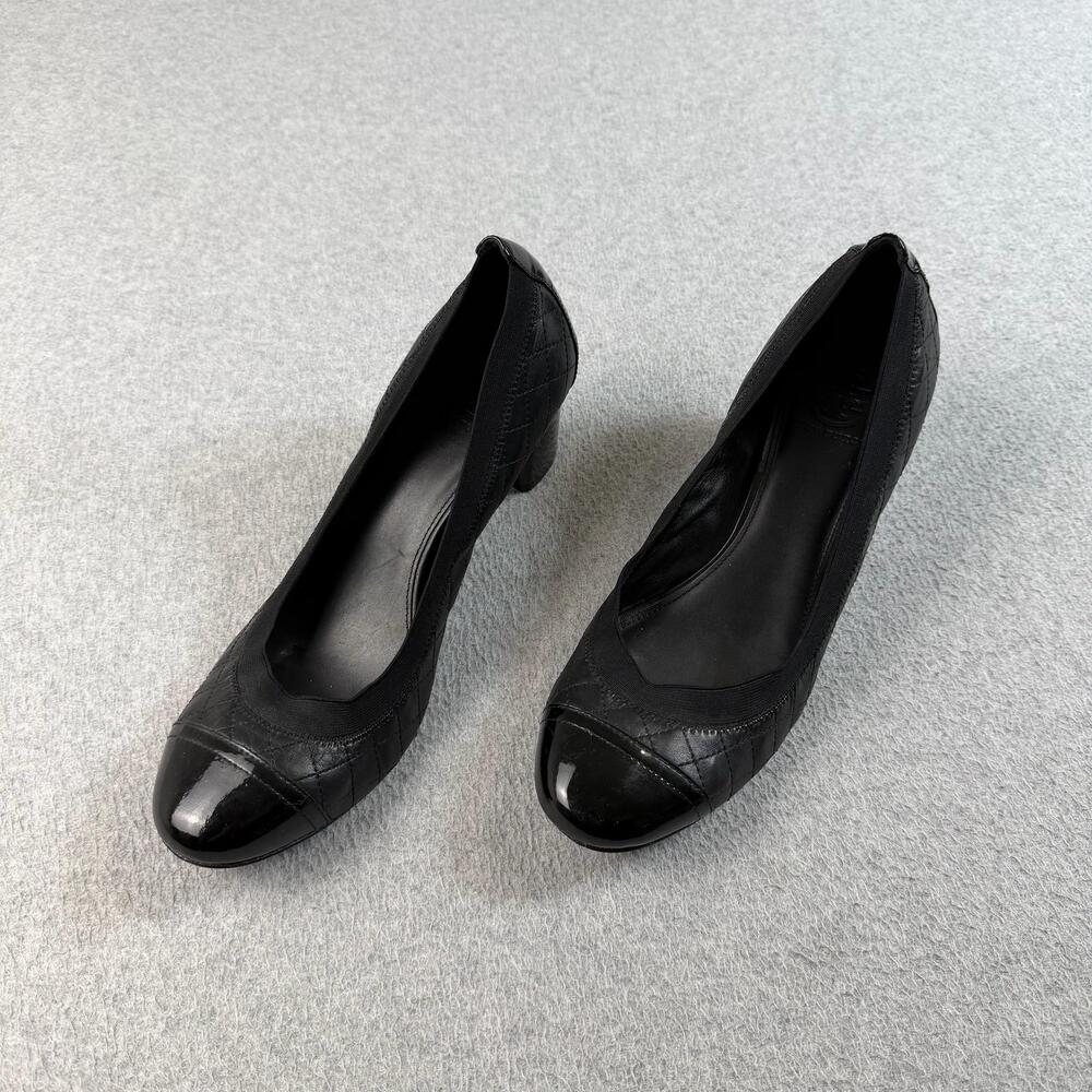 Tory Burch Shoes Womens Size 11 Black Quilted Leather Cap Toe Block Heel Pumps